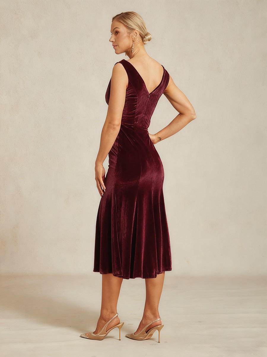 High-Stretch Velvet Sleeveless Midi Dress with Cowl Neck