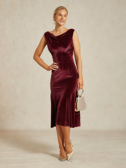 High-Stretch Velvet Sleeveless Midi Dress with Cowl Neck