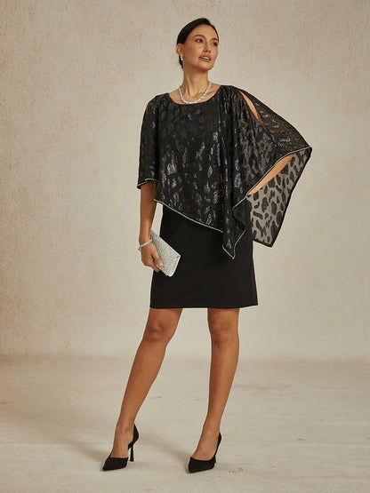 Elegant Sheath Dress with Leopard Jacquard Chiffon Overlay