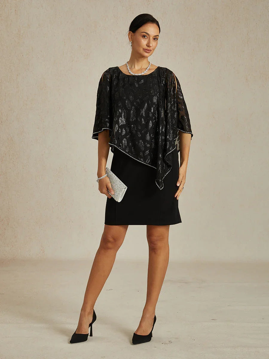 Elegant Sheath Dress with Leopard Jacquard Chiffon Overlay