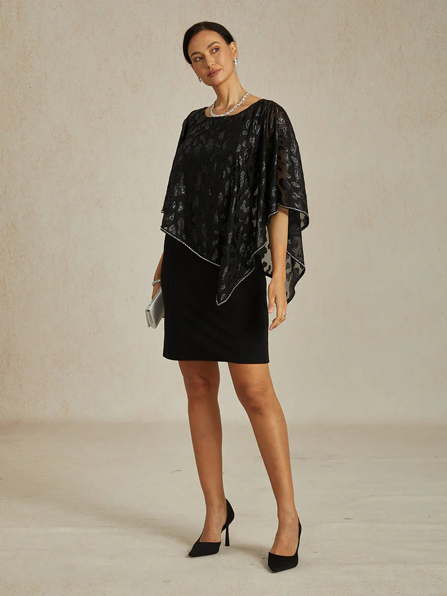 Elegant Sheath Dress with Leopard Jacquard Chiffon Overlay