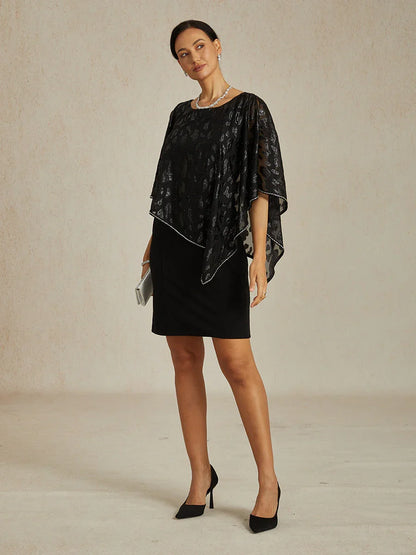 Elegant Sheath Dress with Leopard Jacquard Chiffon Overlay