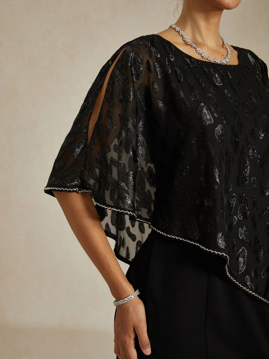 Elegant Sheath Dress with Leopard Jacquard Chiffon Overlay