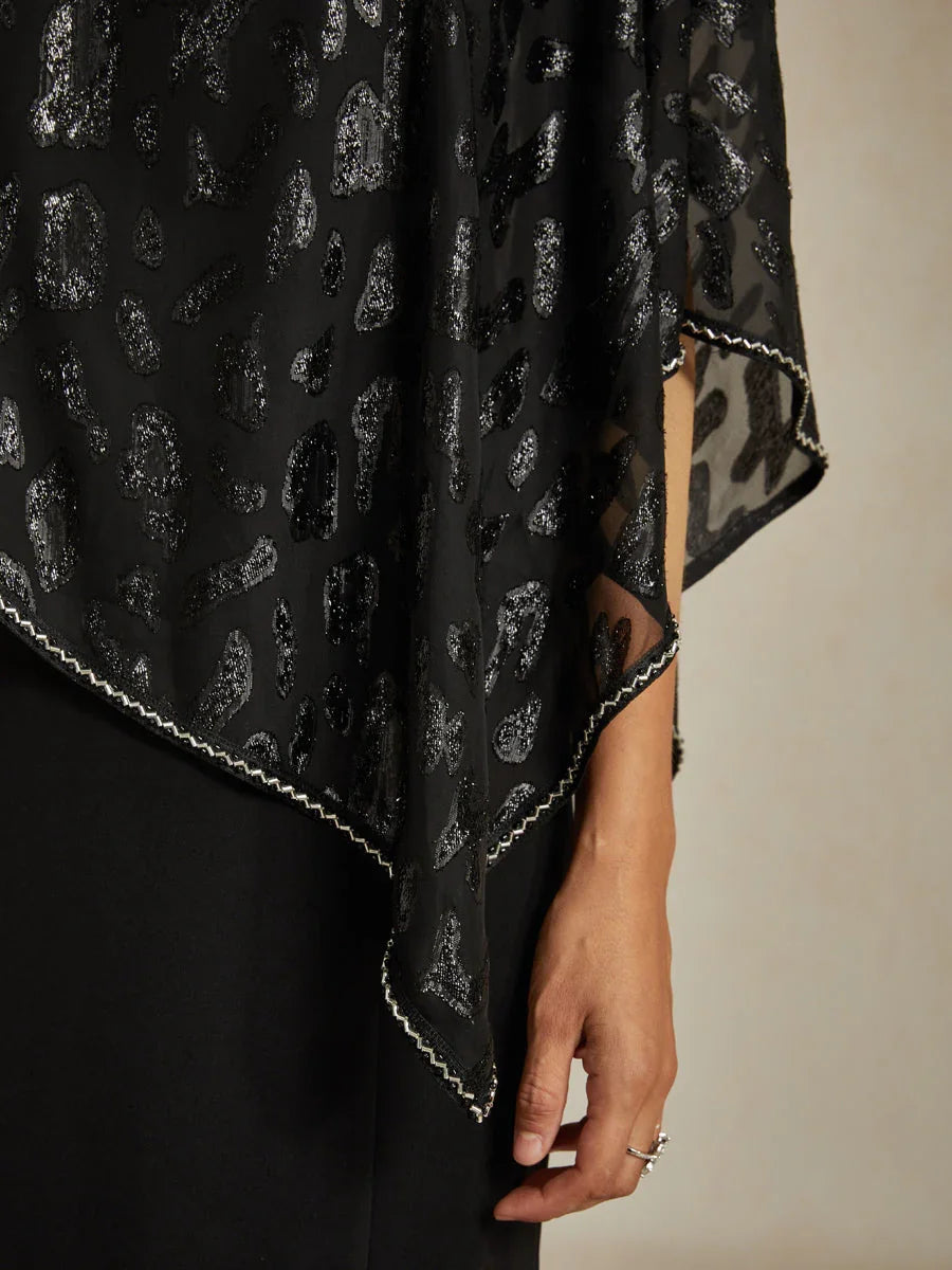 Elegant Sheath Dress with Leopard Jacquard Chiffon Overlay