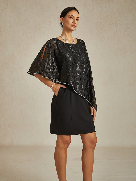 Elegant Sheath Dress with Leopard Jacquard Chiffon Overlay
