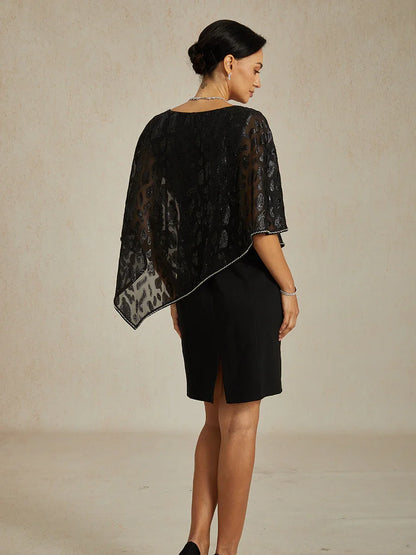 Elegant Sheath Dress with Leopard Jacquard Chiffon Overlay