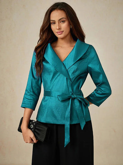 3/4 Sleeve Stretch Taffeta Blouse with Tie Waist Detail