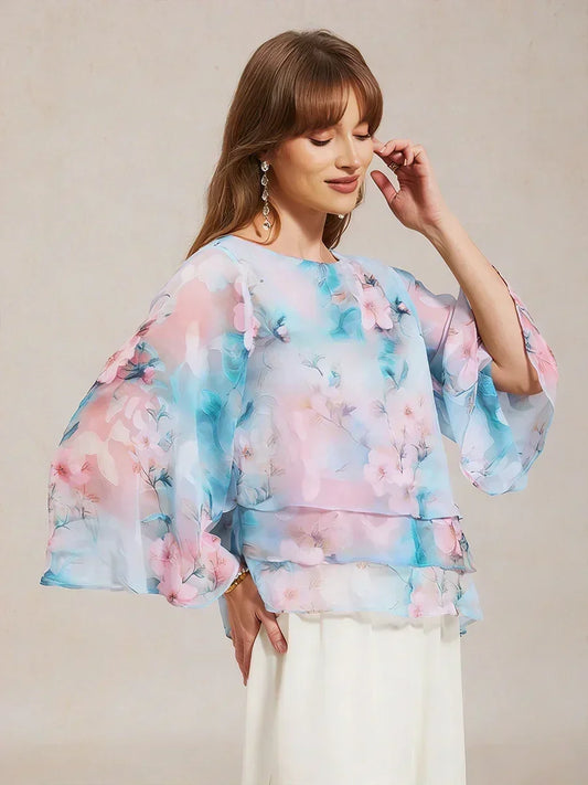 Lace Chiffon Layered Blouse with Floral Print