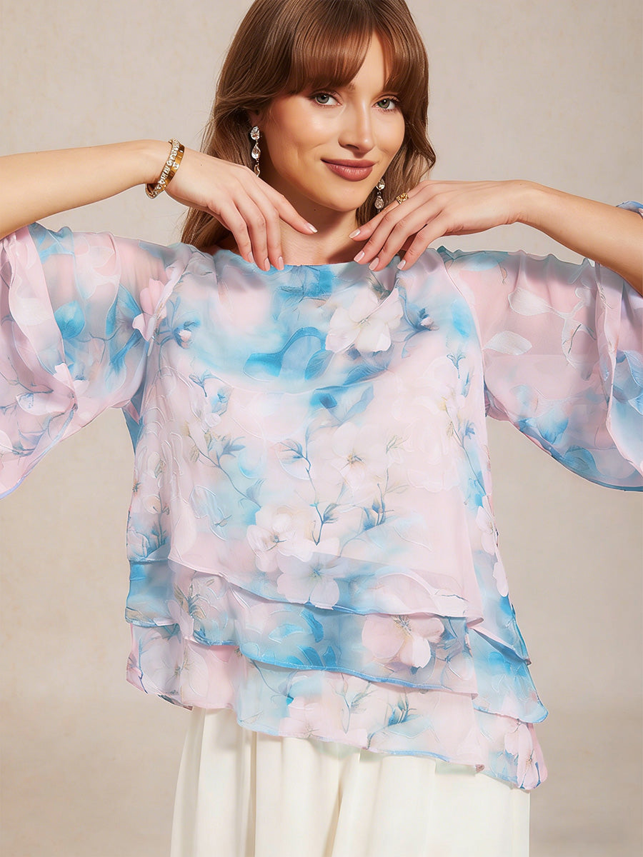 Lace Chiffon Layered Blouse with Floral Print
