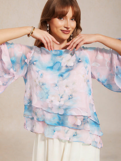 Lace Chiffon Layered Blouse with Floral Print
