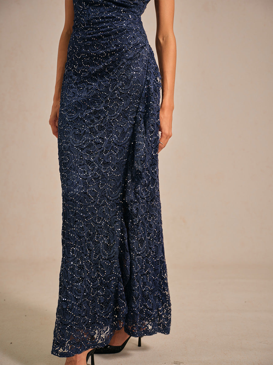 Lace Sequin Maxi Dress with Ruffle Detail