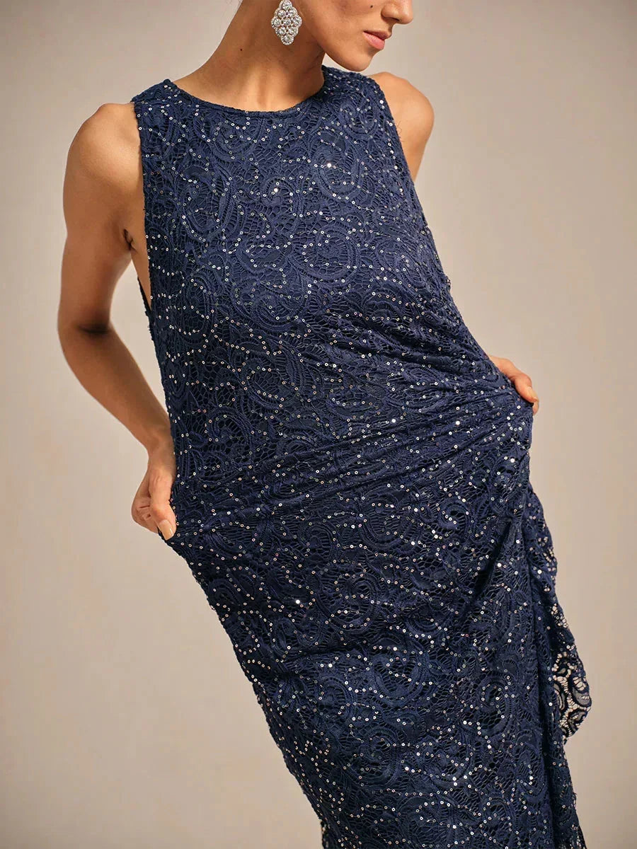 Lace Sequin Maxi Dress with Ruffle Detail