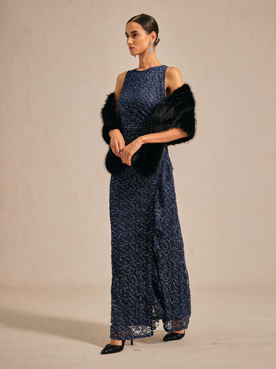 Lace Sequin Maxi Dress with Ruffle Detail