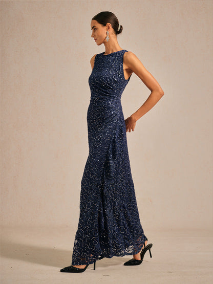 Lace Sequin Maxi Dress with Ruffle Detail