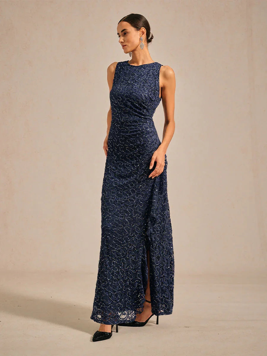 Lace Sequin Maxi Dress with Ruffle Detail