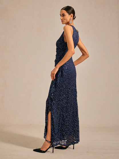 Robe Longue en Dentelle et Sequins avec Détail à Volants
