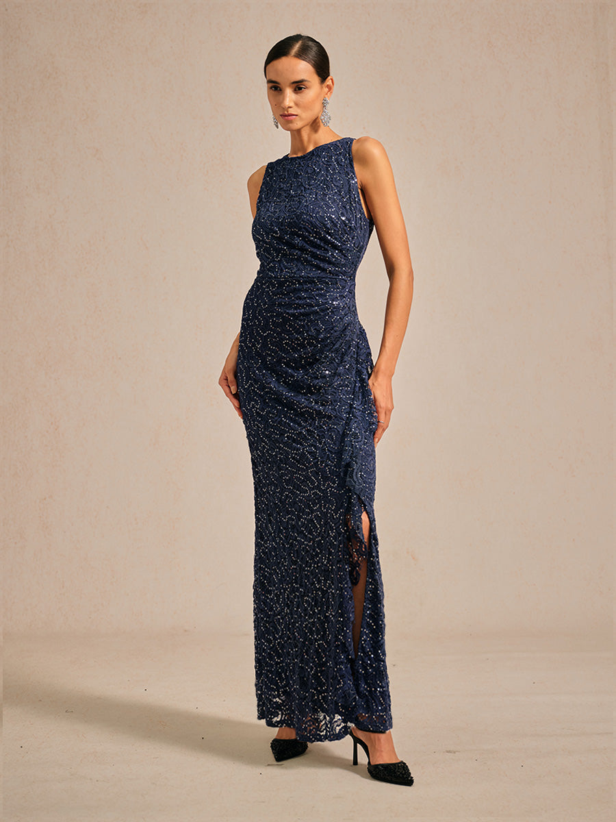 Lace Sequin Maxi Dress with Ruffle Detail