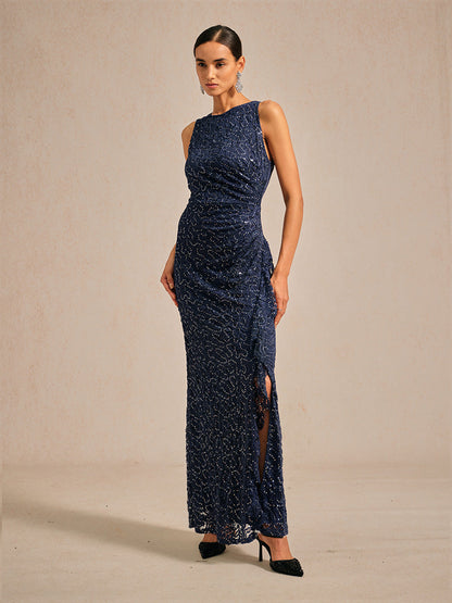 Lace Sequin Maxi Dress with Ruffle Detail