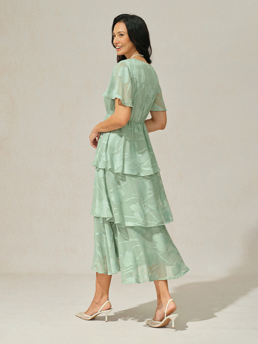 Lace V Neck Ruffle Layered Flutter Dress