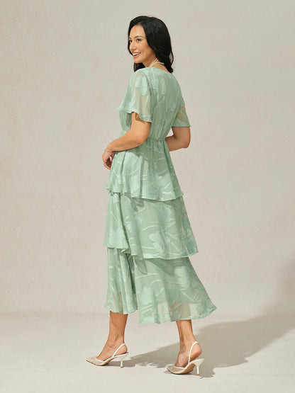 Lace V Neck Ruffle Layered Flutter Dress