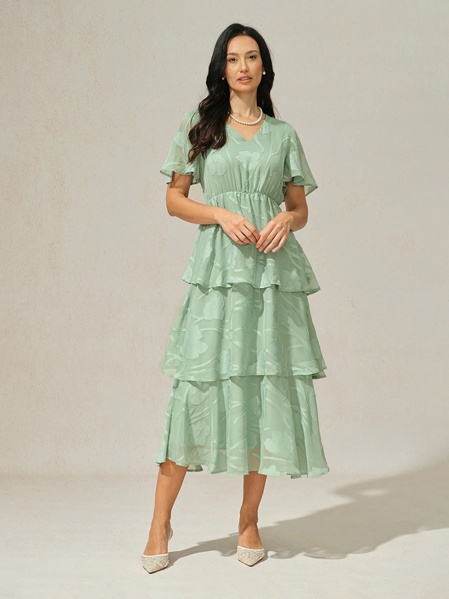 Lace V Neck Ruffle Layered Flutter Dress