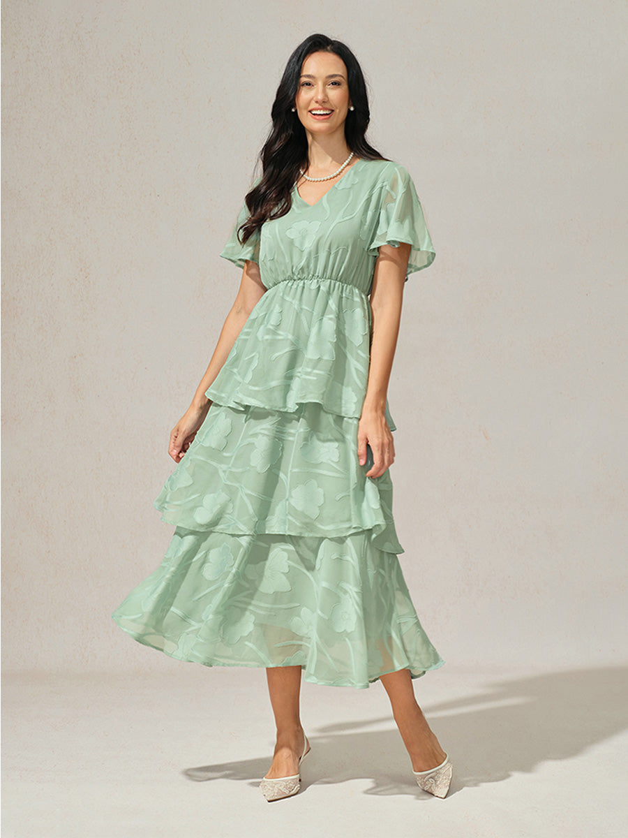 Lace V Neck Ruffle Layered Flutter Dress