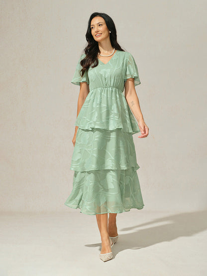 Lace V Neck Ruffle Layered Flutter Dress