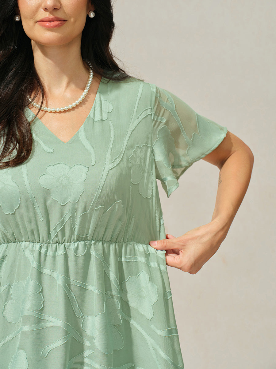 Lace V Neck Ruffle Layered Flutter Dress
