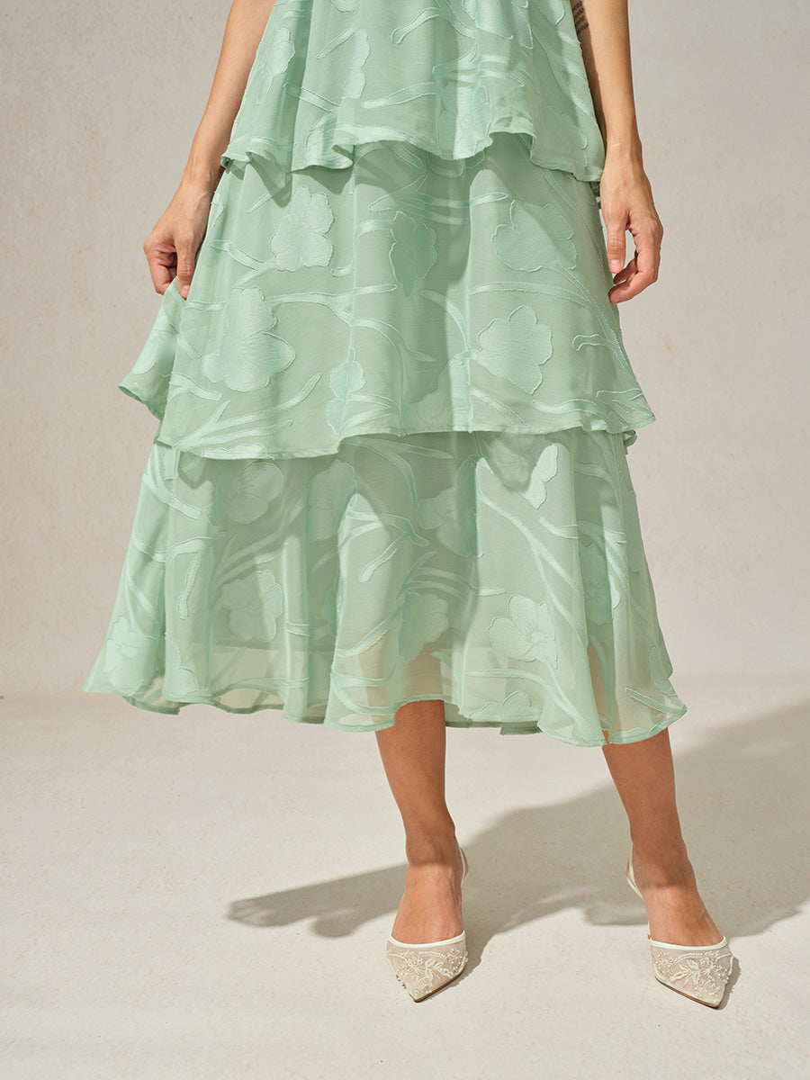 Lace V Neck Ruffle Layered Flutter Dress