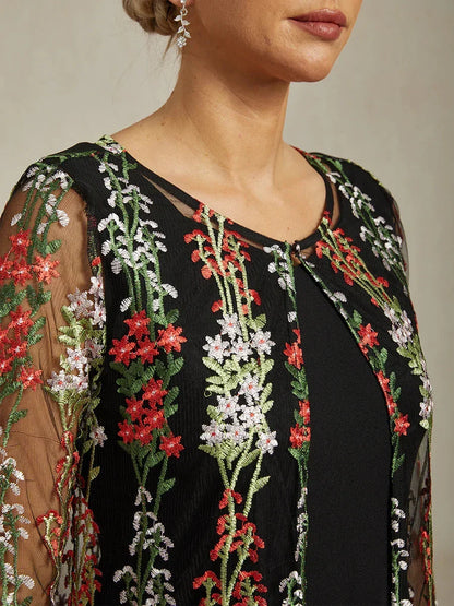 Long Floral Embroidered Lace Jacket Dress