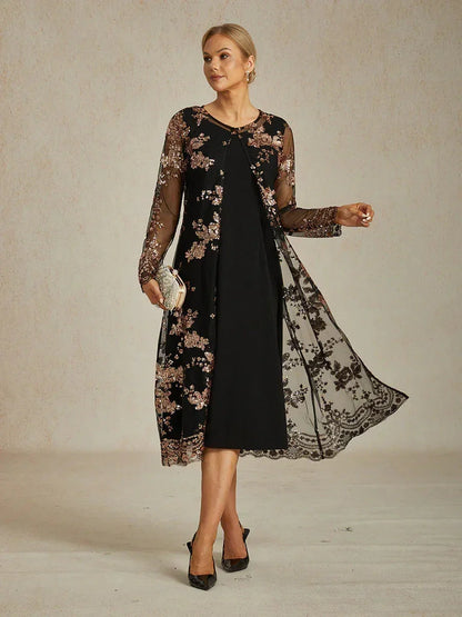 Long Floral Embroidered Lace Jacket Dress