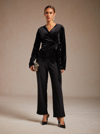 Velvet Wrap Blouse with V-Neckline