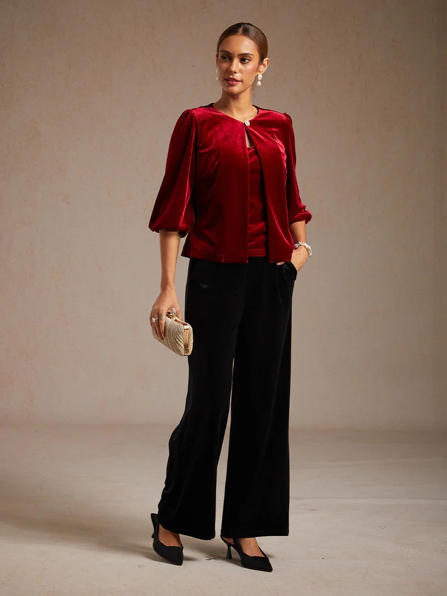 Velvet Puff Sleeves Twinset with Embellished Neckline Closure