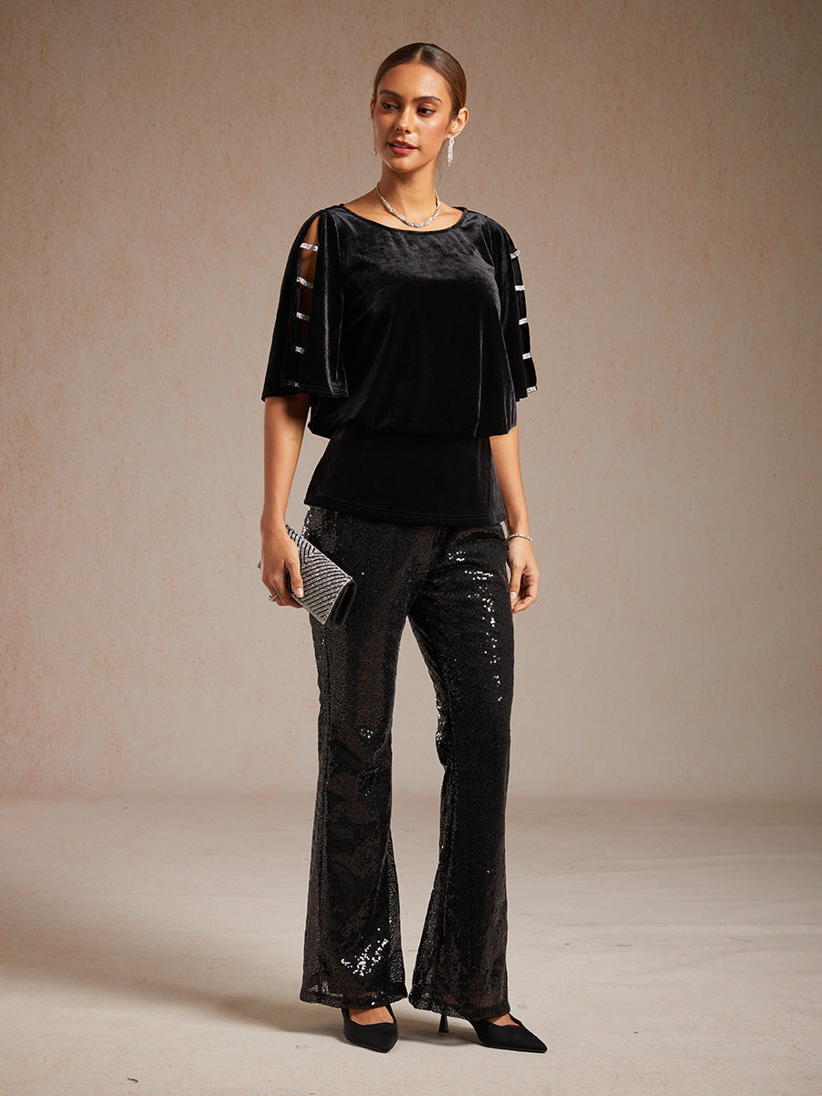 Sequin Flare Pants for Women with Elastic Waist