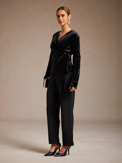 Velvet Wrap Blouse with V-Neckline