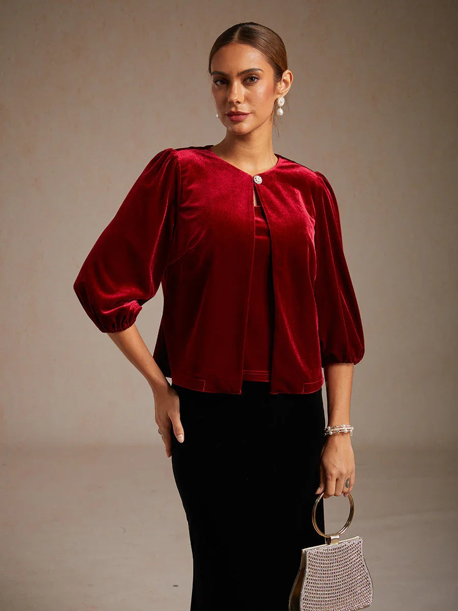 Velvet Puff Sleeves Twinset with Embellished Neckline Closure