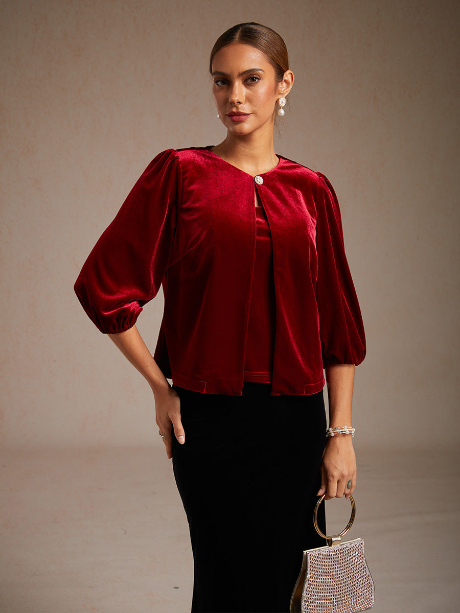 Velvet Puff Sleeves Twinset with Embellished Neckline Closure