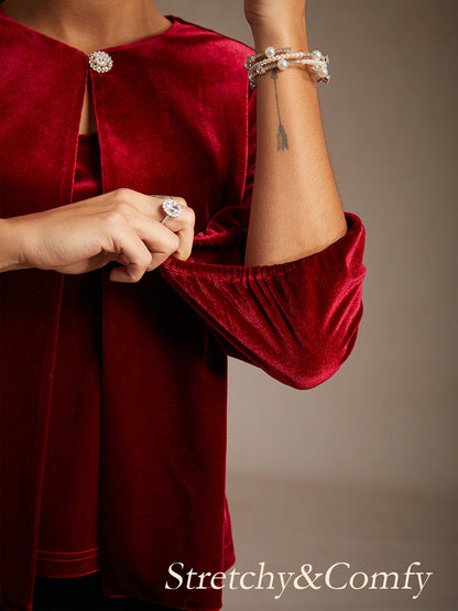 Velvet Puff Sleeves Twinset with Embellished Neckline Closure