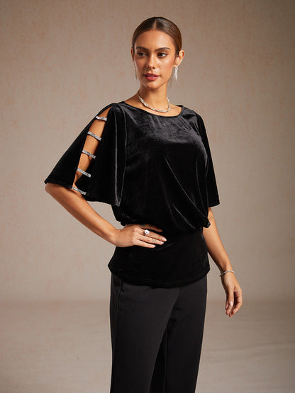 Embellished Cold Shoulder Blouse with Rhinestone Detail