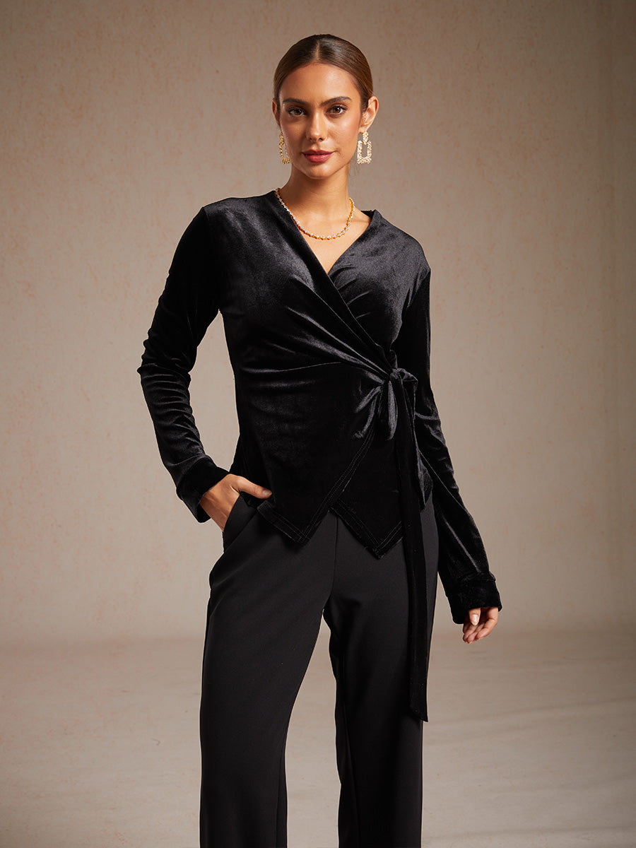 Velvet Wrap Blouse with V-Neckline