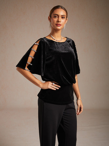 Embellished Cold Shoulder Blouse with Rhinestone Detail