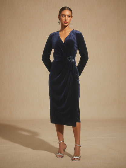 Velvet Sheath Midi Dress with Embellishment Detail