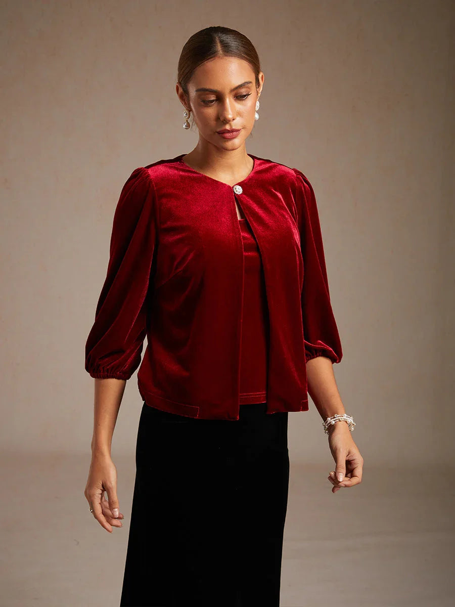 Velvet Puff Sleeves Twinset with Embellished Neckline Closure