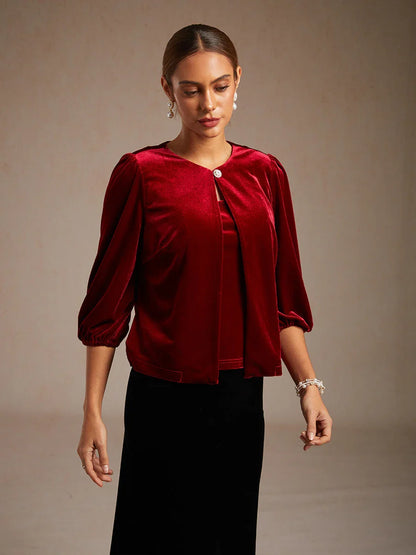 Velvet Puff Sleeves Twinset with Embellished Neckline Closure