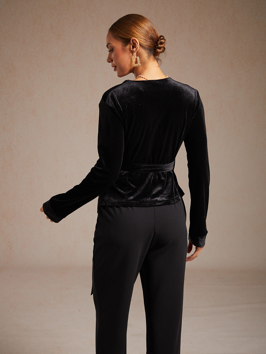Velvet Wrap Blouse with V-Neckline