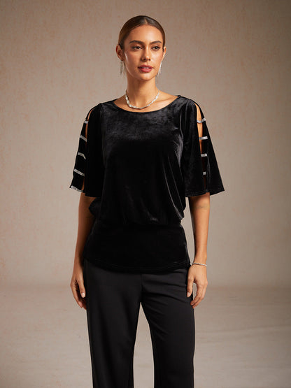 Embellished Cold Shoulder Blouse with Rhinestone Detail