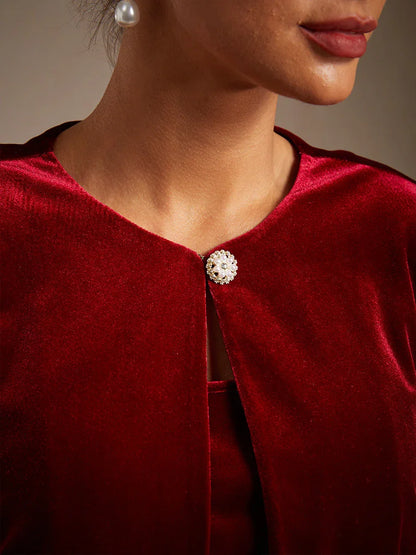 Velvet Puff Sleeves Twinset with Embellished Neckline Closure