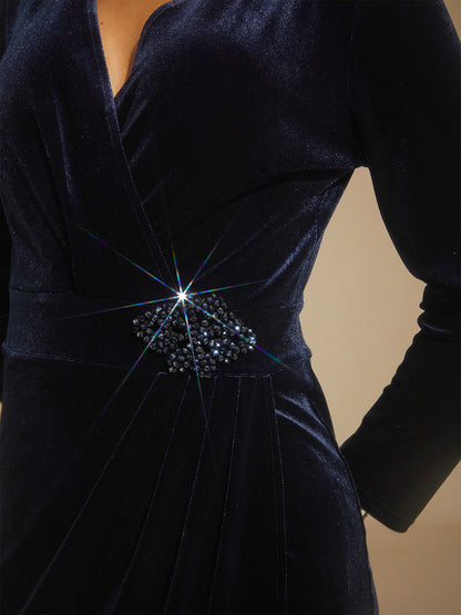 Velvet Sheath Midi Dress with Embellishment Detail