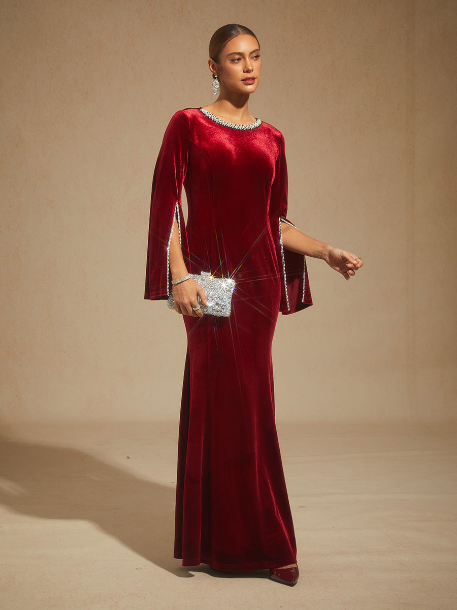 Velvet Evening Gown with Beaded Trim Detail