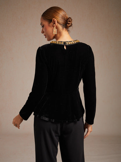 Elegant Stretch Velvet Peplum Blouse with Rhinestone Details